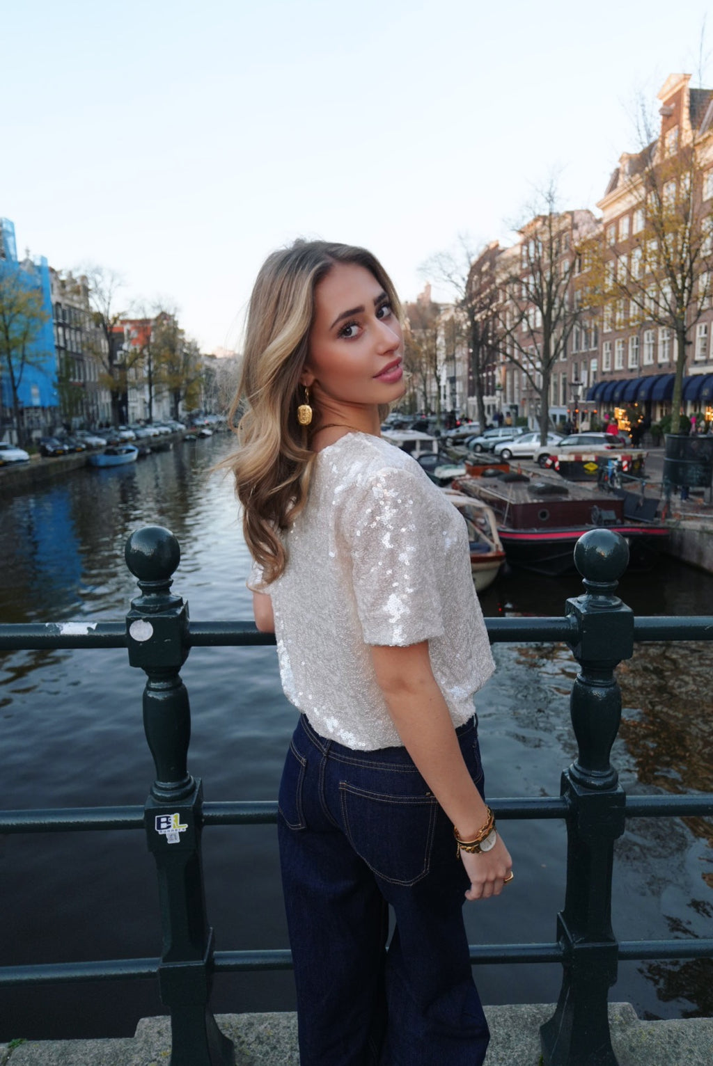 Glitter top wit/beige